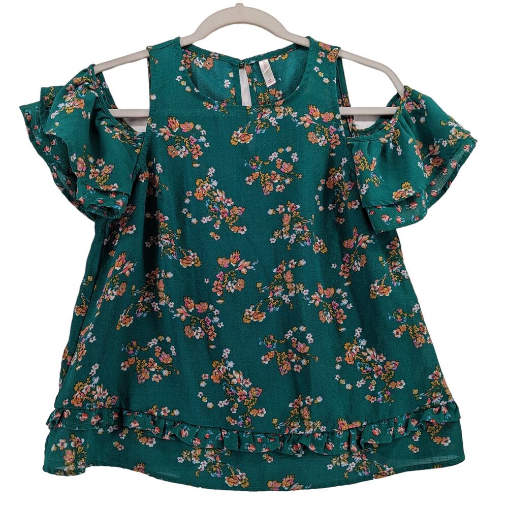 Xhilaration Floral Blouse XS Green Juniors‎ Cold Shoulder Cutout Ruffle Keyhole